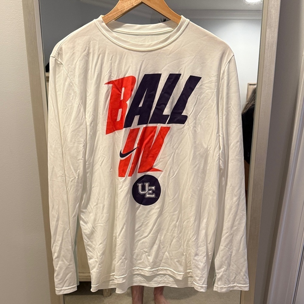 NWOT Nike Men's White Long Sleeve Dri Fit Tee with Orange and Purple Graphic (41
